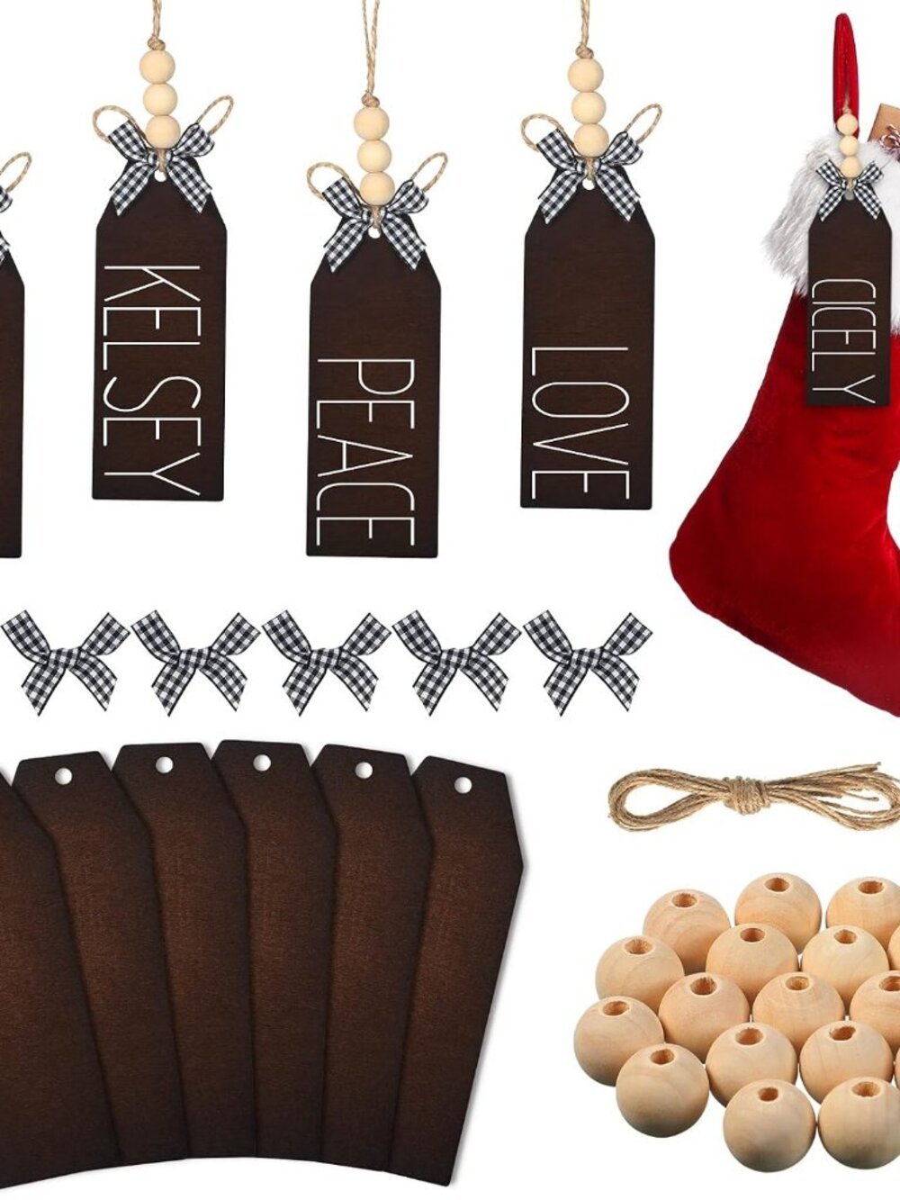 6 Pieces Christmas Wood Stocking Name Tags, Dark Color